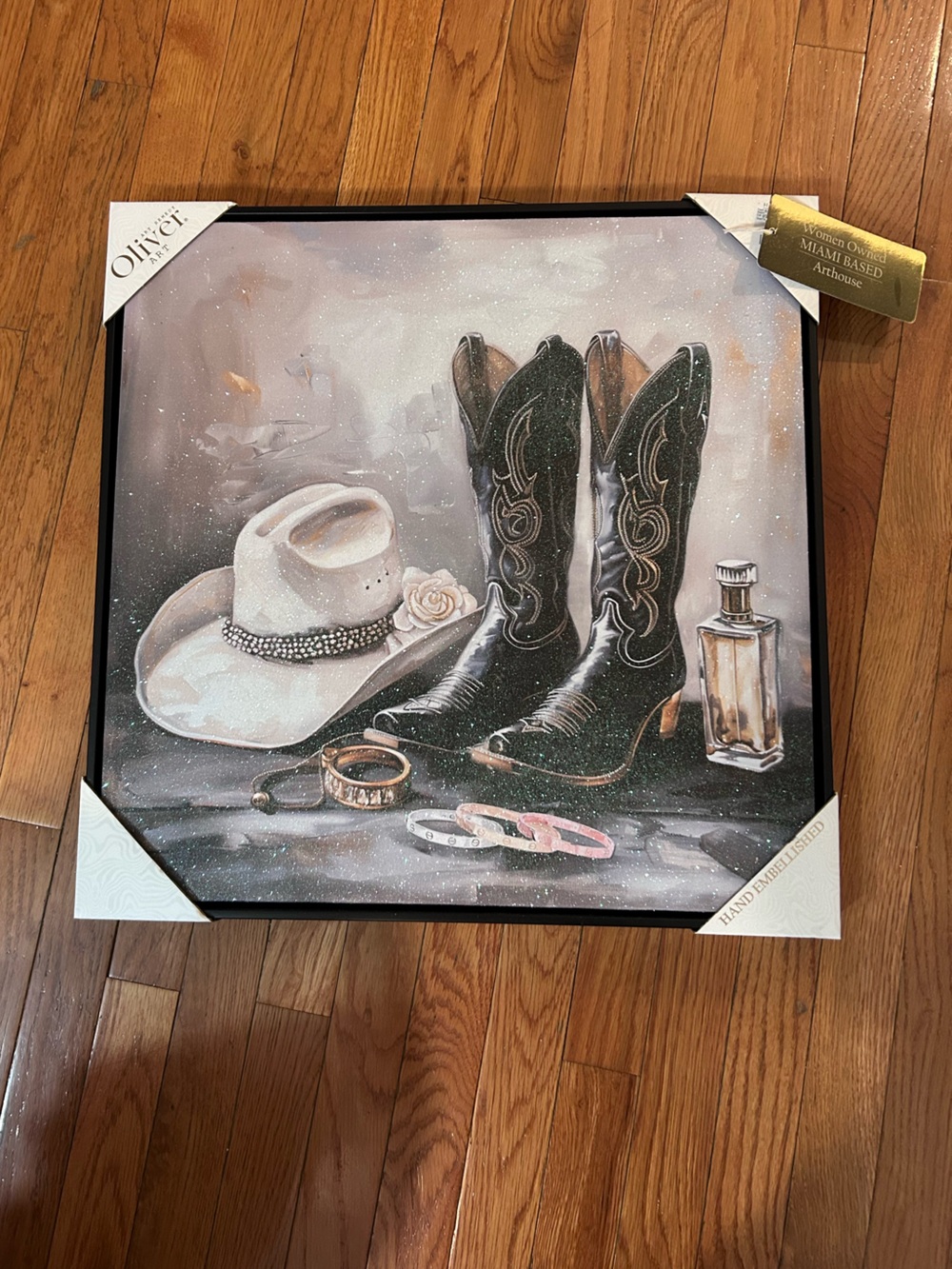 Black Cowboy Boots & White Hat Canvas Wall Art (Sparkly)